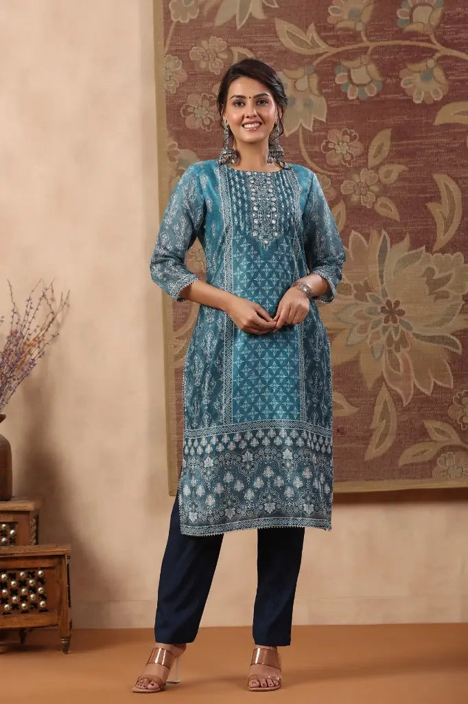 Women Blue Ethnic Motifs Printed Kurta Set