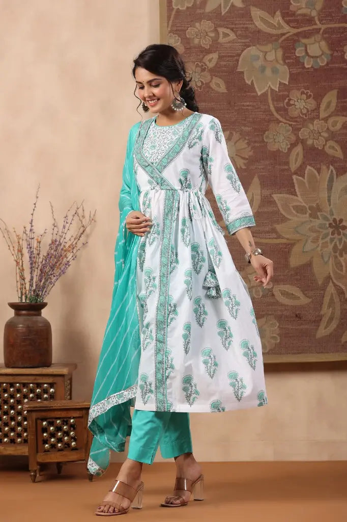 Women Blue & Teal Floral Printed Pure Cotton Anarkali Kurta Set