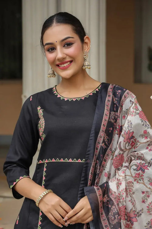 Black Embroidered Kurta Set With Printed Dupatta